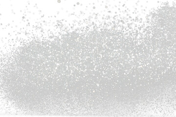 Naklejka na ściany i meble Explosion metallic silver glitter sparkle. Silver Glitter powder spark blink celebrate, blur foil explode in air, fly white glitters particle. Black background isolated, selective focus Blur bokeh