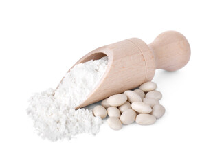 Wooden scoop with flour and kidney beans isolated on white