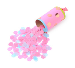 Colorful confetti with pink party cracker isolated on white, above view