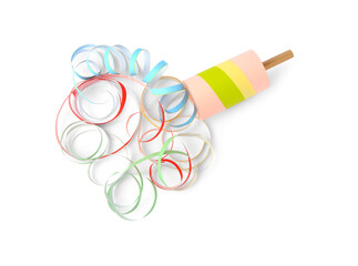 Colorful streamers with bright party cracker isolated on white, top view