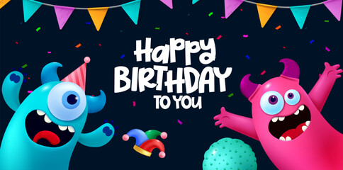 Happy birthday text vector design. Birthday kids party with happy, funny and cute monsters character. Vector illustration invitation card background. © Zeinous