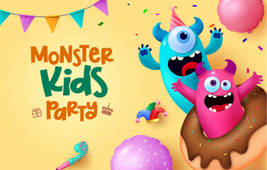 Naklejka premium Monster kids party vector design. Birthday kids party text with mascot, cartoon and cute creature characters. Vector illustration birthday celebration background.
