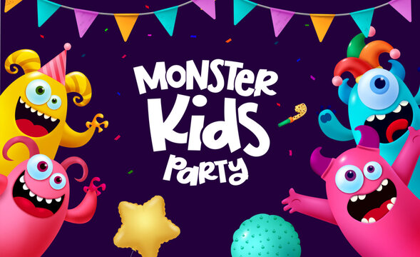 Monster kids party vector design. Monsters party for kids birthday celebration with funny cartoon characters. Vector illustration invitation card design. 