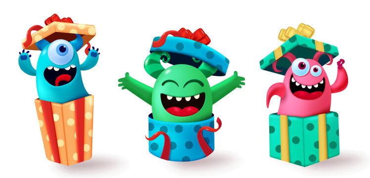 Monster characters vector set design. Birthday monsters character in open gift box for party surprise elements. Vector illustration cute and funny cartoon collection.