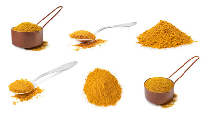 Collage with curry powder isolated on white