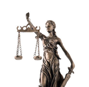 Statue Of Lady Justice Isolated On White. Symbol Of Fair Treatment Under Law