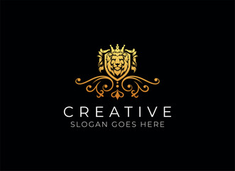 Royal king lion crown symbols. Elegant gold Leo animal logo. Premium luxury brand identity icon. Vector illustration