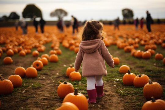  Little girl picking pumpkins on Halloween pumpkin patch