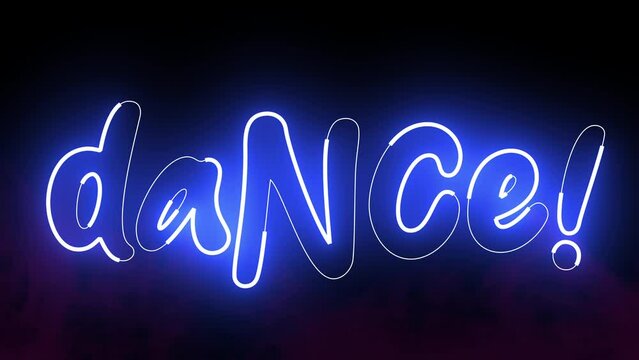 Dance text font with light. Luminous and shimmering haze inside the letters of the text Dance. 3D Animation.