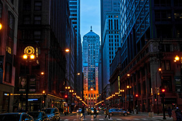 Fototapeta na wymiar Looking Down Chicago's Financial District at Dusk Towards Board of Trade Building