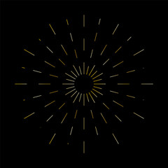 Golden solar light rays frame on black background. Sun beam ray sunburst background. Vector illustration. stock image.