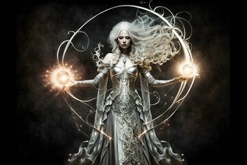 a beautiful female in flowing silver mithral chain robe and platinum hair holding a pearl white staff that is shooting 3 orbs of fire and lighting Full Body Beautiful Detail Photo Reaslistic Battle  - obrazy, fototapety, plakaty