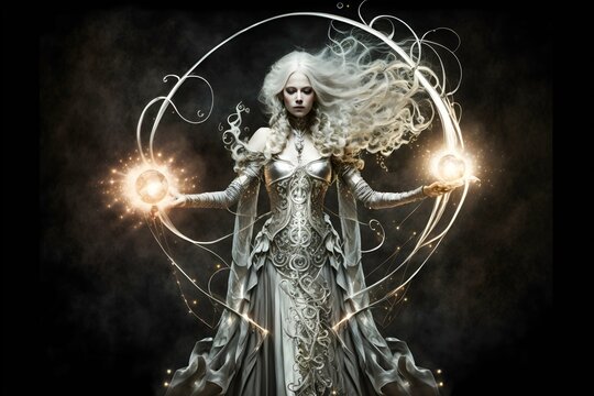 a beautiful female in flowing silver mithral chain robe and platinum hair holding a pearl white staff that is shooting 3 orbs of fire and lighting Full Body Beautiful Detail Photo Reaslistic Battle 