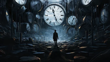 Time flies, a man from behind is standing in a large clock room, time stands still in a dark cave. Fantasy illustration, generative ai © Dirschl