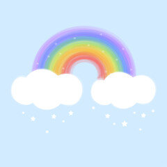 colorful rainbow with clouds on blue background