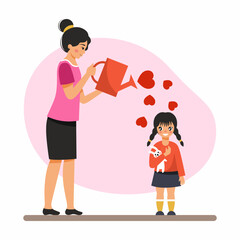 Mom waters baby from watering can. Concept of love and support. Parenting.