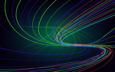 abstract neon background with ascending green, red and blue glowing lines. Fantastic wallpaper with colorful laser rays.