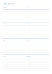 A weekly plan design template in a modern, simple, and minimalist style. Note, scheduler, diary, calendar, planner document template illustration.
