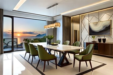Premium luxury modern dining room with marble table and chairs. Modern villa with sunset view