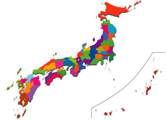 Obraz premium 日本地図 47都道府県 影付き パース Japan map