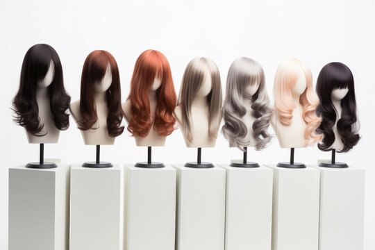 Hair wig over the plastic mannequin head isolated over the white background, mockup featuring contemporary women hairstyles, Generative AI illustration