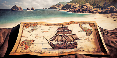 Fototapeta premium Image of an old paper pirate map. Generative AI