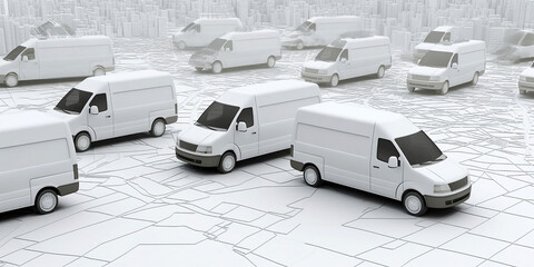 Conceptual image of delivery vans standing on a city map. Generative AI