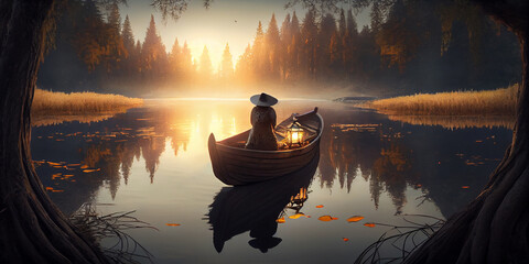 The wizard is sitting in an old wooden boat floating on a forest lake, a view from the back. Generative AI