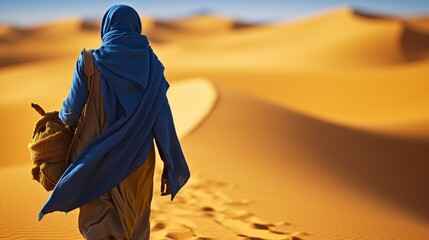 Close-up of an arab man who is walking in the desert on sand and dunes. Generative AI