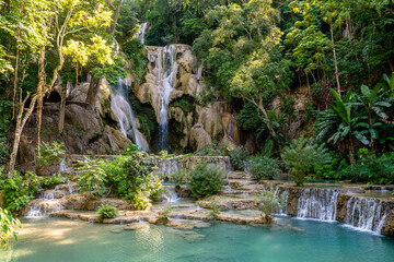 views of kuan si waterfalls in luang prabang, laos