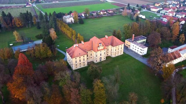 Manor house Novo Celje, Slovenia, aerial view, autumn colors