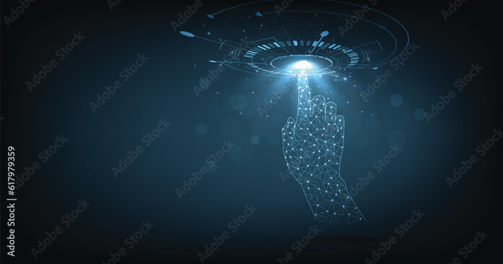 Leinwandbilder hand technologies of the future. polygonal hand mesh image on dark blue background.futuristic techno
