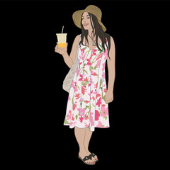 Standing pretty smiling woman in summer dress holding a beverage drink. Cartoon style. On black background.