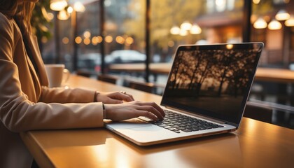 person typing on laptop in cafe