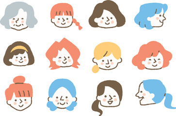 女性の顔アイコン_セット_色