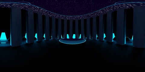3D Illustration; Computer-generated imagery;  CGI modeling; HDRI; 360º view panoramic; Interior lighted neon colors totem room