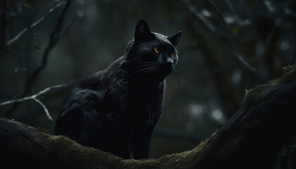 Cute kitten sitting on dark branch, staring at spooky forest generated by AI
