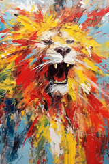 Colorful Palette-knife drawing of a Lion. Using Primary Colors, 