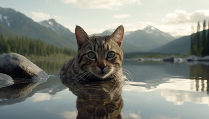 Fototapeta premium Cute kitten sitting by tranquil mountain stream, watching fish generated by AI