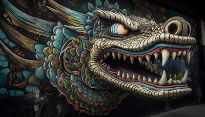 Fototapeta na wymiar Multi colored dragon statue embodies ancient East Asian culture and mythology generated by AI
