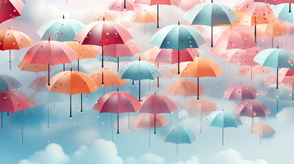 Obraz premium Raining season background Vector Illustration. yellow umbrellas on the raining sky with copy space,ai generative
