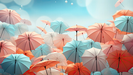 Fototapeta na wymiar Raining season background Vector Illustration. yellow umbrellas on the raining sky with copy space,ai generative