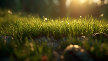 Fresh green meadow growth, dew drops on blades, nature beauty generated by AI