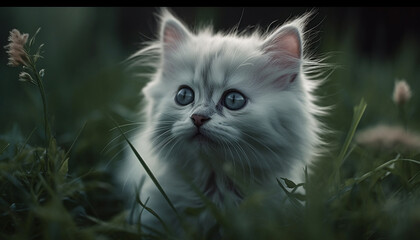 Naklejka na ściany i meble Fluffy kitten staring at camera in green meadow surrounded by nature generated by AI