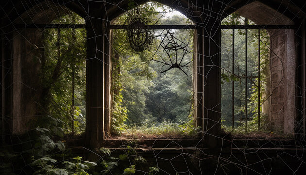 Old ruin in forest, spooky and mysterious, with green growth generated by AI