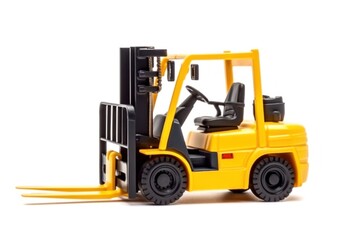 Yellow forklift for use in a warehouse, pivotal for logistics, material handling, and storage, isolated on a white background