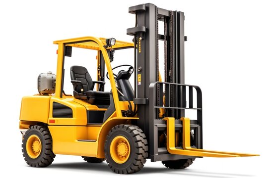 Yellow forklift for use in a warehouse, pivotal for logistics, material handling, and storage, isolated on a white background