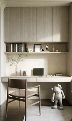 working space on bedroom with wall cabinet, 3d render