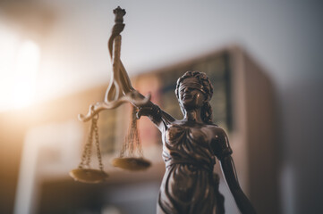 Lady justice,Law theme, mallet of the judge, law enforcement officers, evidence-based cases and documents taken into account.. - obrazy, fototapety, plakaty
