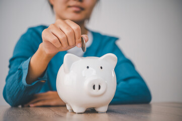   Hand holding coin with pig piggy bank. Saving and financial accounts concept